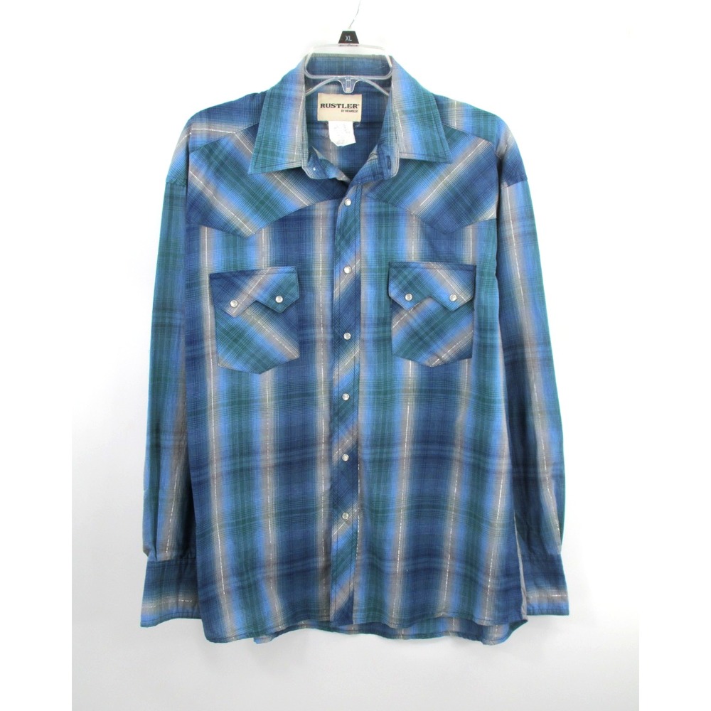 WRANGLER RUSTLER Pearl Snaps Western Shirt Men Large Blue Plaid Cowboy Country